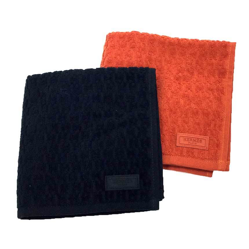 HERMES エルメス タオルセット CARRE JACQUARD FACE EPONGE ハンドタオル オレンジ ブラック 新品 aq9373　_画像1