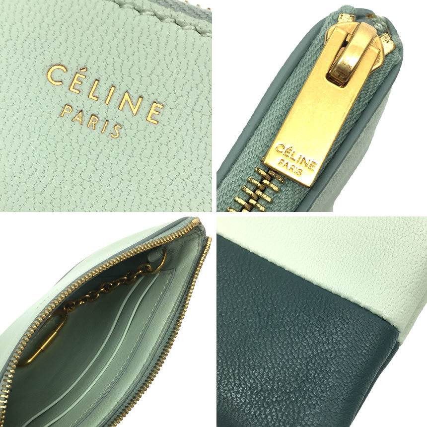 CELINE セリーヌ バイカラー コインケース キーリング付き ミニ財布 カードケース グリーン aq9401_画像3