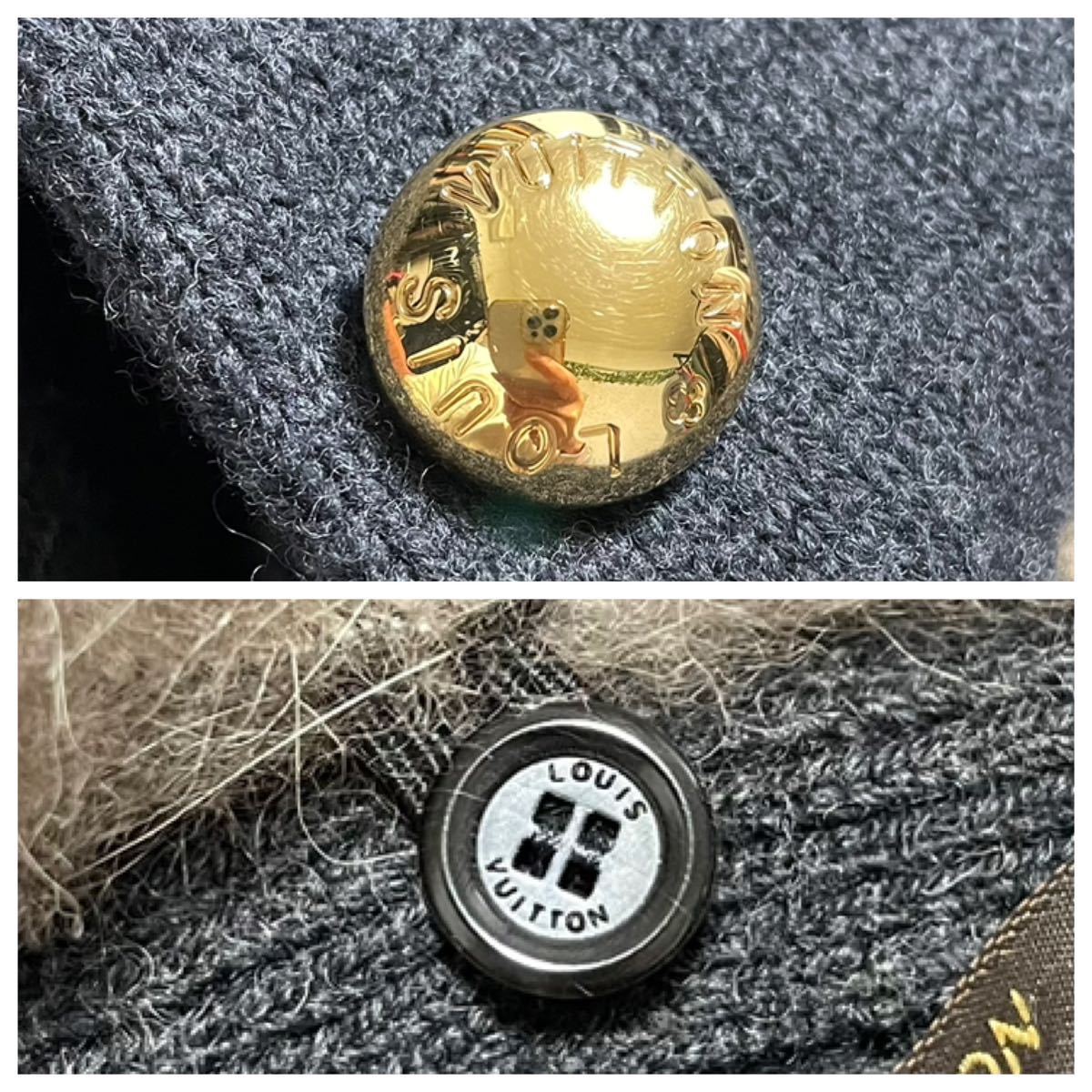  genuine article Louis Vuitton fox fur attaching long sleeve knitted cardigan jacket coat XS dark gray stamp button LOUIS VUITTON