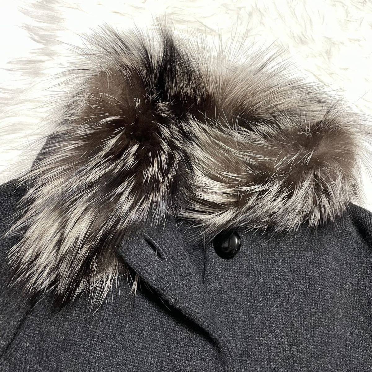  genuine article Louis Vuitton fox fur attaching long sleeve knitted cardigan jacket coat XS dark gray stamp button LOUIS VUITTON