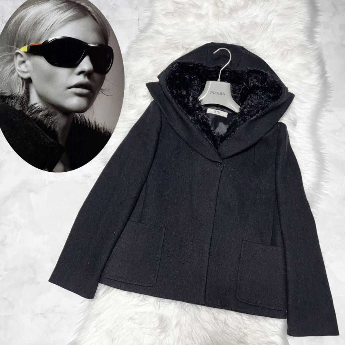  genuine article beautiful goods Prada with a hood fur attaching coat jacket 40 black black PRADA