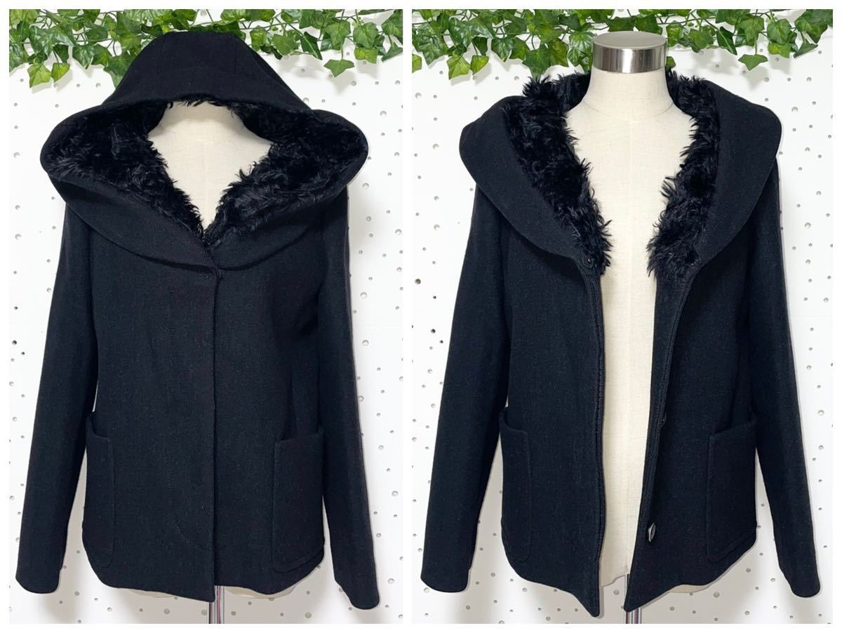  genuine article beautiful goods Prada with a hood fur attaching coat jacket 40 black black PRADA