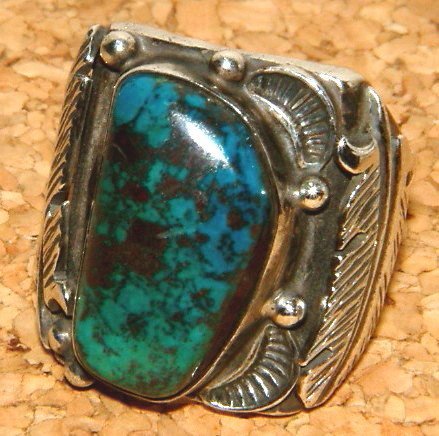 本物 1980年代 ナバホ族 NAVAJO族 インディアンジュエリー シルバー製 モレンシー ターコイズ リング 指輪 (15号) フェザー FUNNY ファニー