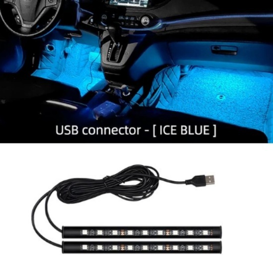 USB電源 LED フロアライト 2本セット 18LED アイスブルー 12V 24V フットランプ 車内 内装 装飾 足元 間接照明 ダンプ LEDテープ 汎用