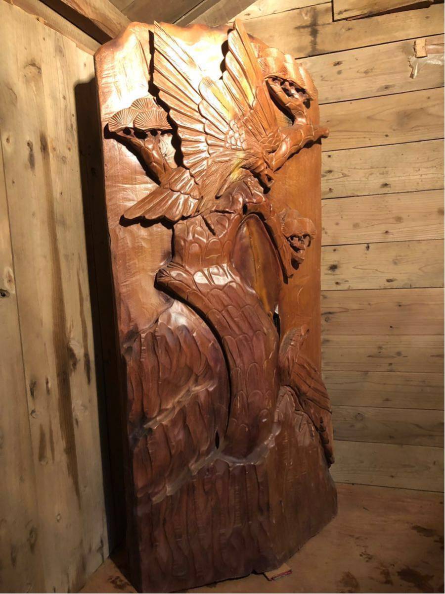 【千葉】中古 木彫り 大型 彫刻 飾り 和室 高さ150×60cm 縁起物 鷲 鷹 松 レトロ アンティーク オブジェ イーグル