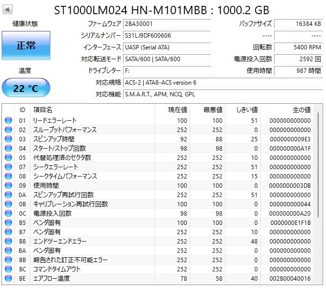 【正常987時間】Samsung 1TB HDD 2.5 SATA ST1000LM024 HN-M101MBB_画像3