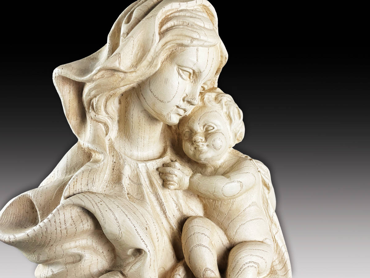西洋アンティーク 幼きキリストを優しく抱く聖母マリア像 19世紀 特大 希少 高さ約69cm 木彫 石膏の画像6
