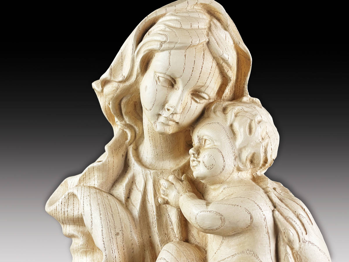 西洋アンティーク 幼きキリストを優しく抱く聖母マリア像 19世紀 特大 希少 高さ約69cm 木彫 石膏の画像7
