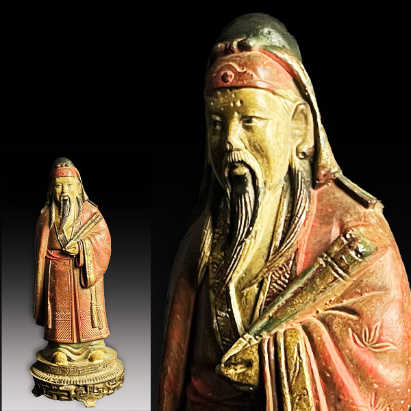 中国古美術 神像 唐物 二郎神像 置物 立像 細密彫 元時代 500~600年前 山海關出土品 高さ約29cm 検)仏教美術 山海関出土品 発掘