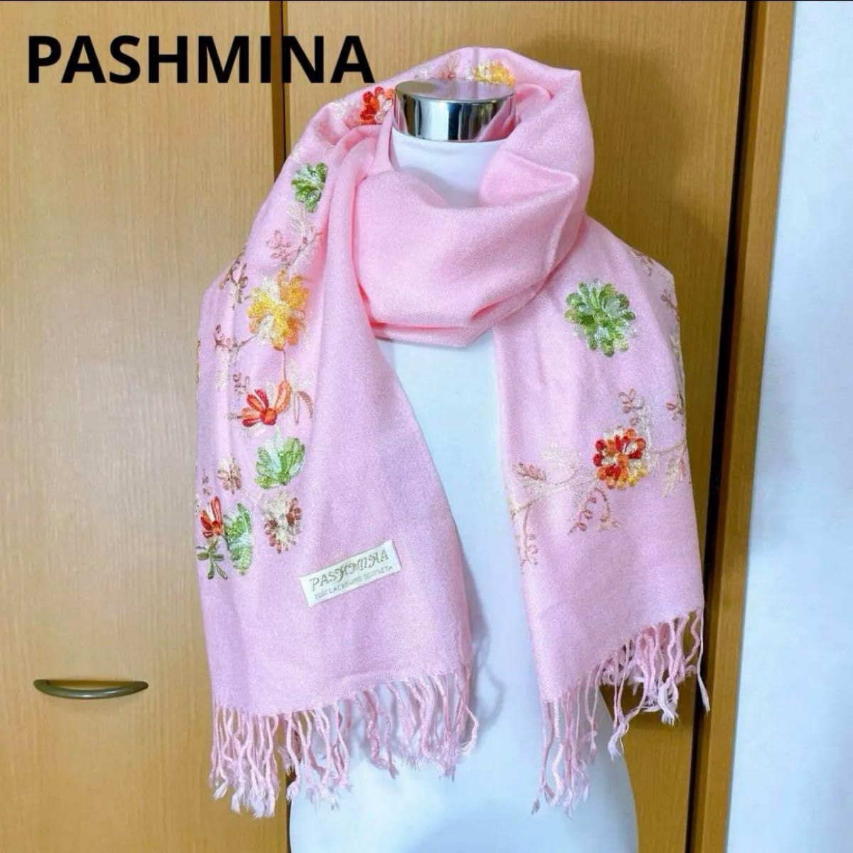 パシュミナ 大判ストール スカーフ 花刺繍 ピンク 美品