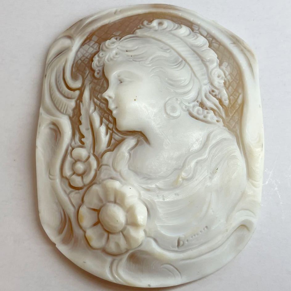 Ciro Frulio作!!［シェルカメオ15.4g］◎F 77ct 約65.2×49.7mm 貴婦人 CAMEO shell ルース アンティーク 作家物 フルーリオ_画像2