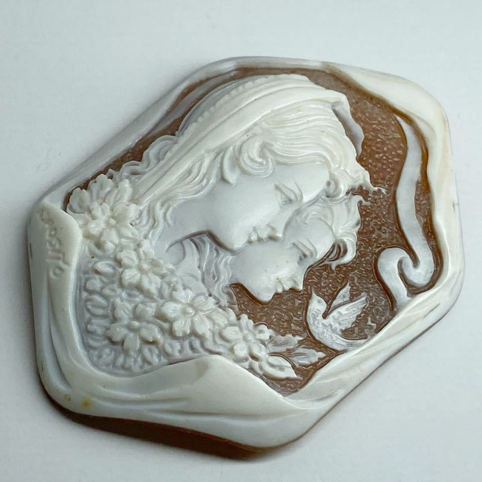 Esposito作!!［シェルカメオ12.7g］M 63.5ct 約61.5×44.4mm 貴婦人 CAMEO shell ルース アンティーク 作家物 エスホジート_画像5