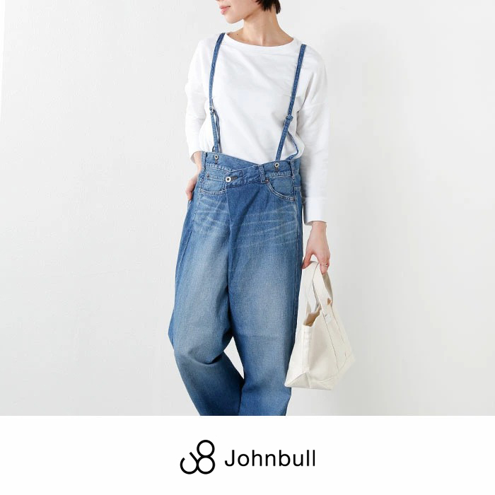 新品同様:johnbull.デニム サスペンダー タイパンツ M(レディース/AP458/リラックス テーパード/チェーンステッチ/総丈102W86/日本製)_色味は違いますが、着用サンプルです