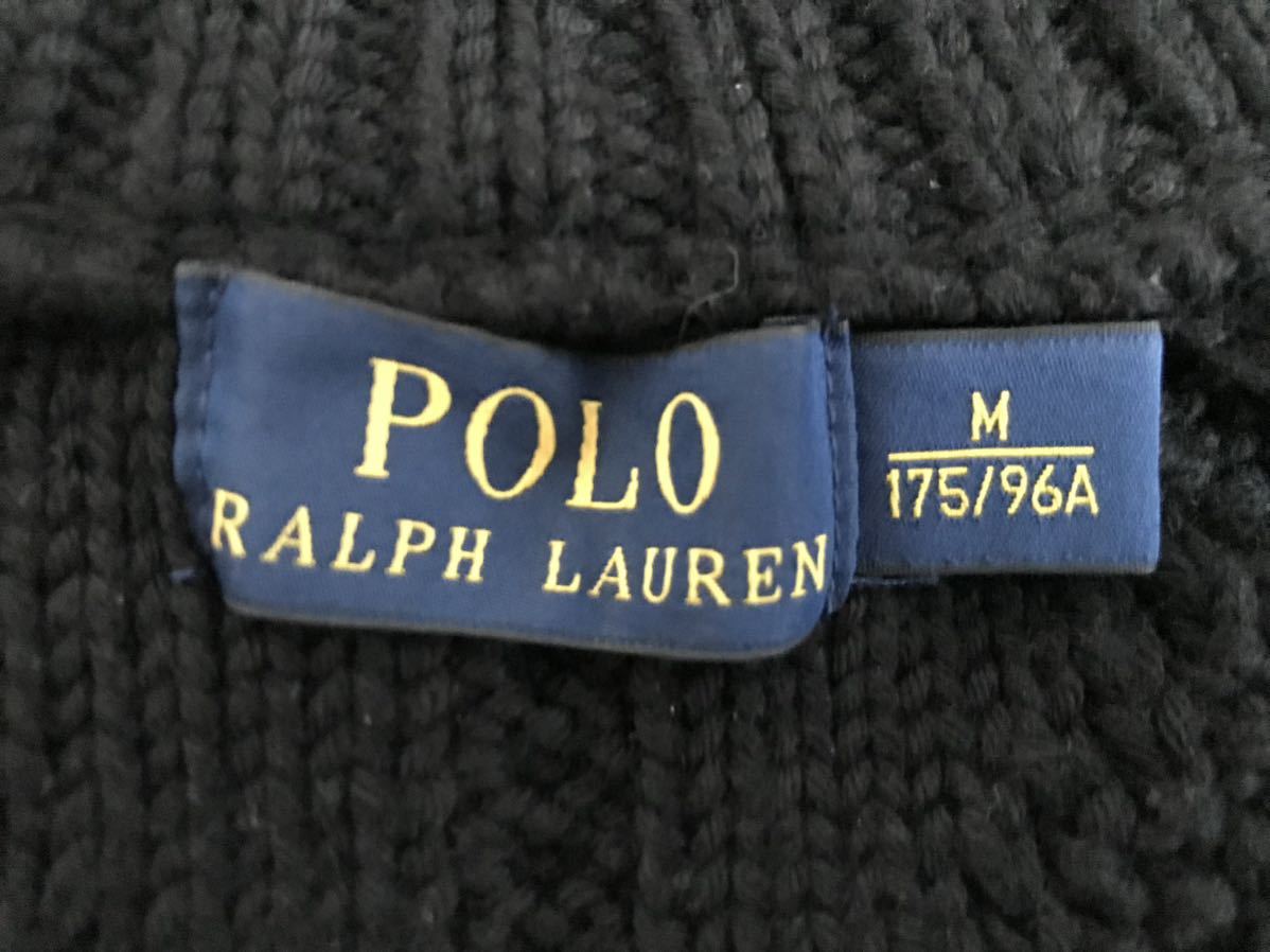 POLO RALPH LAUREN ポロ ラルフローレン ローゲージハイネック厚手ニットアラン模様 メリノウール 黒 ブラック M_画像3