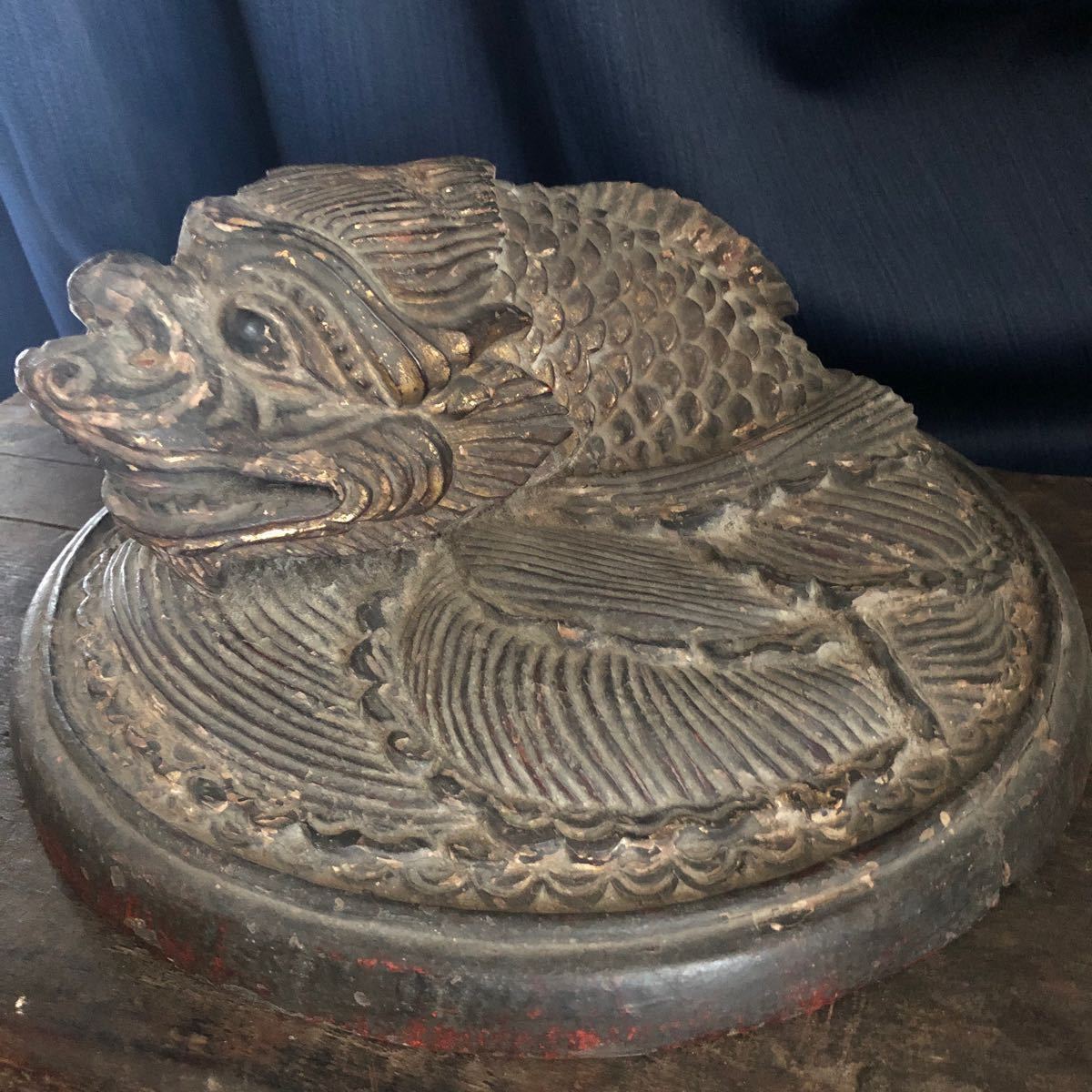 古い鯉　木彫　清朝　中国