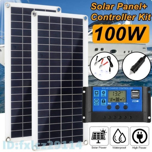 Hg2290: ソーラーパネル 100W 10A 12V 5V USB コントローラ 充電器 太陽光 withcontroller 防水 電池 ポリ 車 ヨット RV バッテリー 新品_画像1