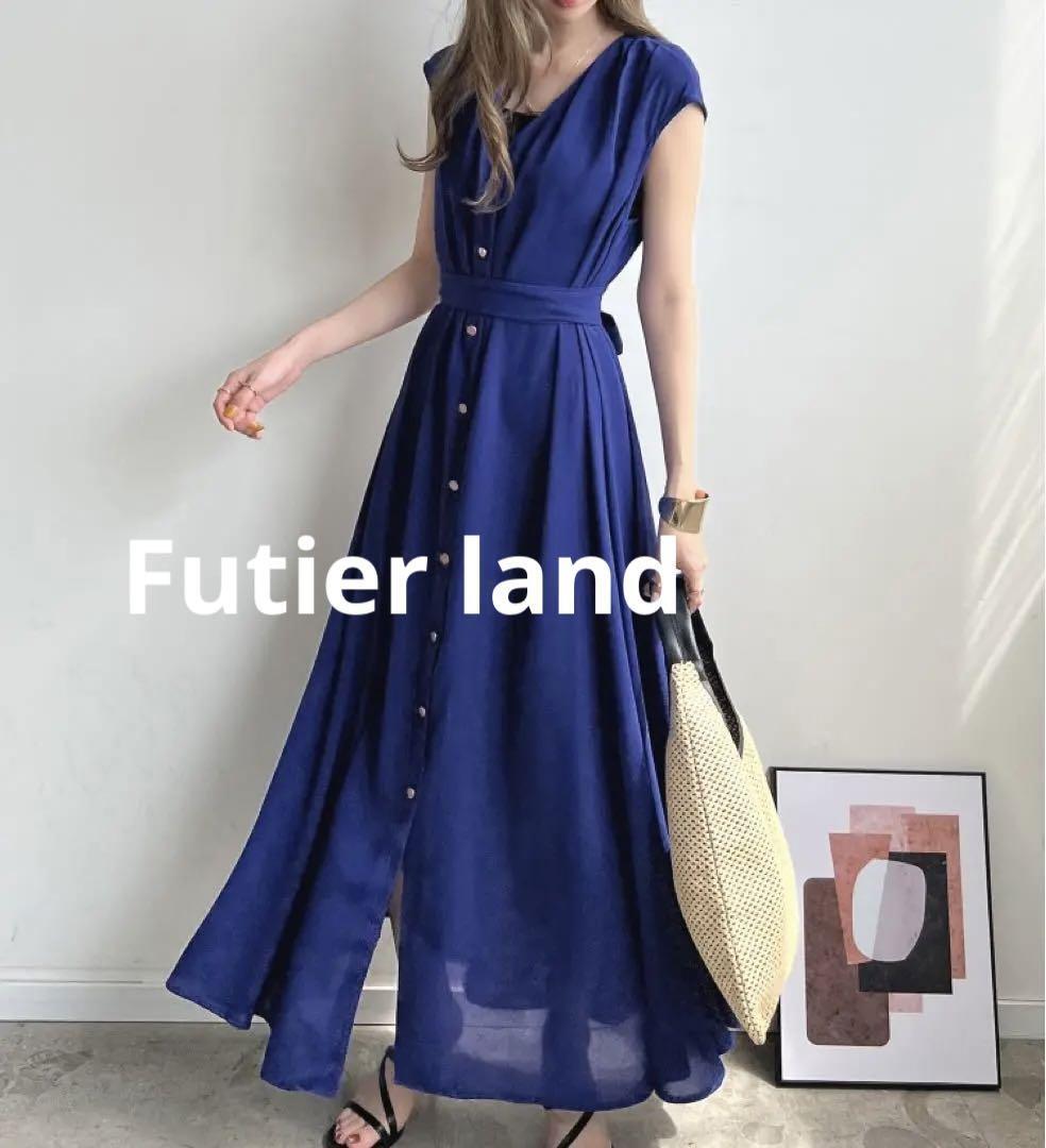 Futier land ノースリーブワンピース ロイヤルブルー Ｖネック