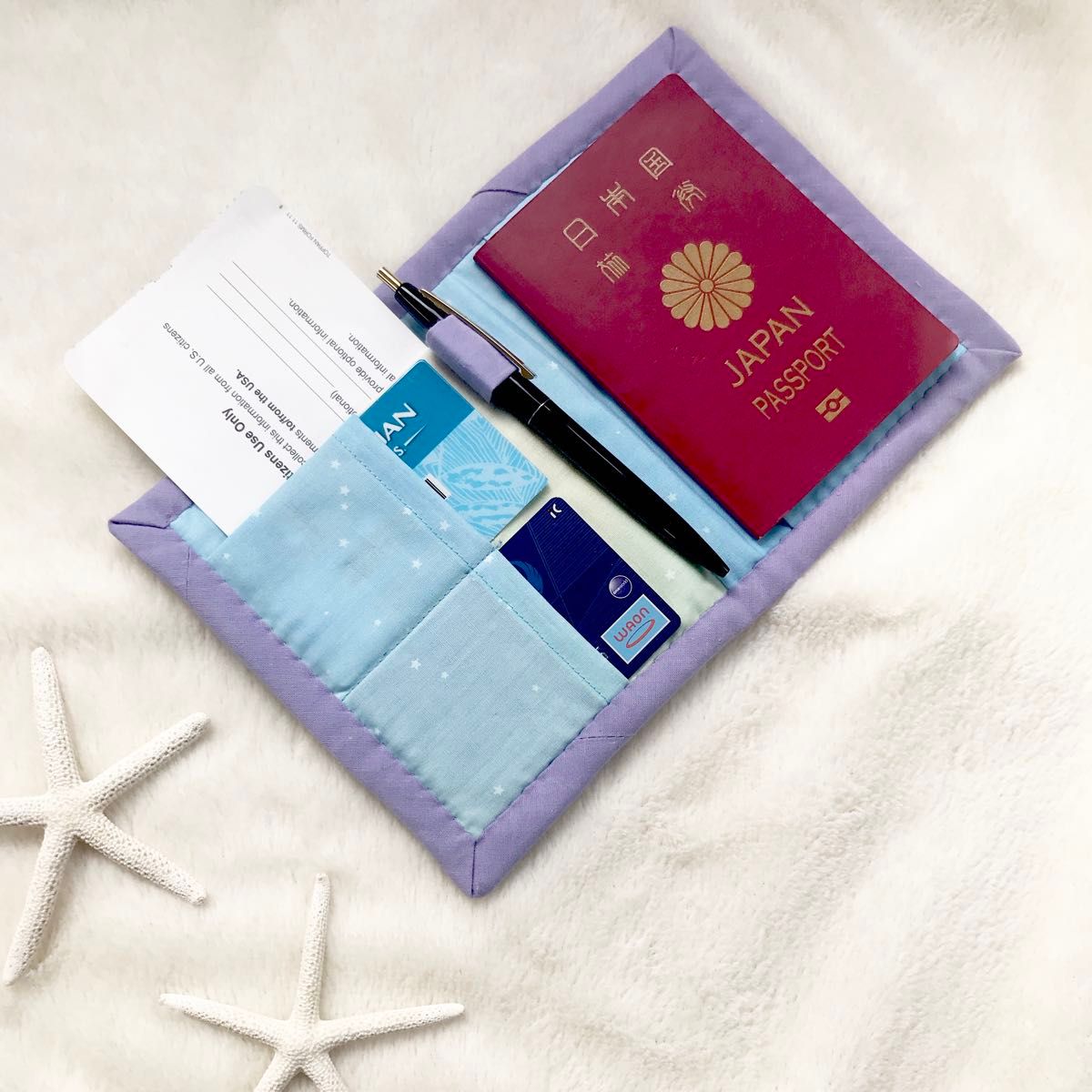 パスポートケース オリジナル ハワイアンキルト ハンドメイド シェルとヒトデ