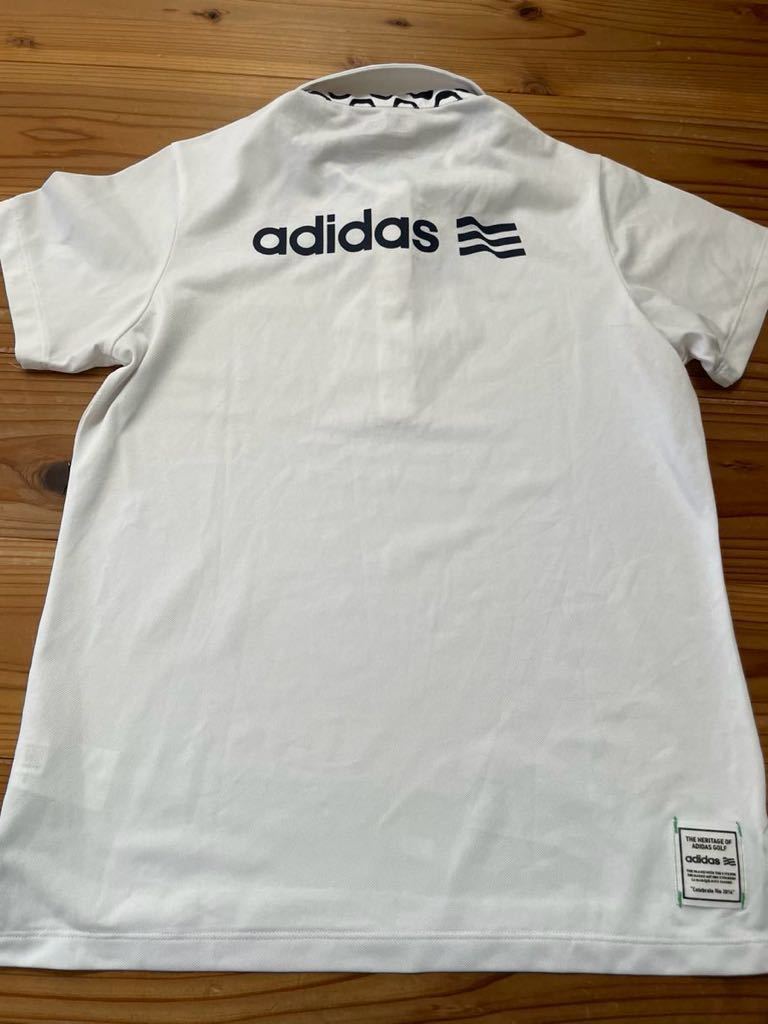 送料込み！adidas 半袖ポロシャツ 白 L/G アディダス バックプリント 三本ライン GOLF ゴルフウェア ホワイト 半袖シャツ_画像1