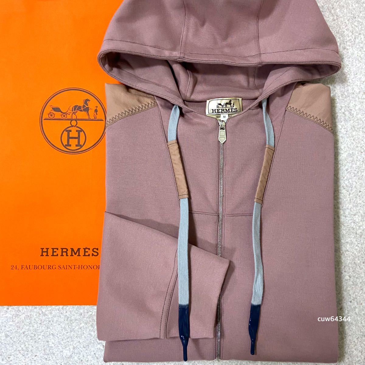 国内正規品 極美品22ss M（〜L対応） Hermes エルメス ヴォワルH ナイロン切替し ジップアップ フーディ パーカー スウェット ピンク系の画像1