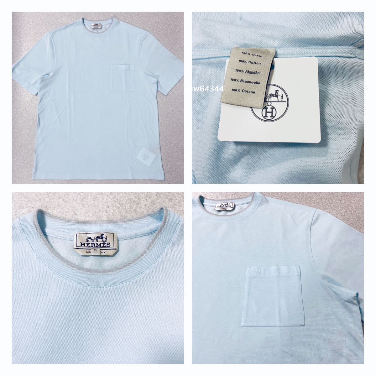 完全正規品 2024現行 新品未使用 XL Hermes エルメス サドルステッチ 半袖 Tシャツ Hロゴ ポケット ライトブルー ブランドタグ_画像4