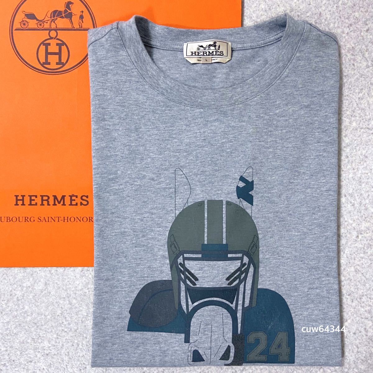 国内正規品23Aw～24 美品 Lサイズ Hermes エルメス クォーターバッシュ プリント 半袖 Tシャツ グレー ショップカード