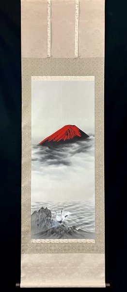 ［真作］佐藤景月 作「赤富士に鶴」絹本 花鳥図 鳥獣 日本画 絵画 日本美術 掛軸 C013014の画像3