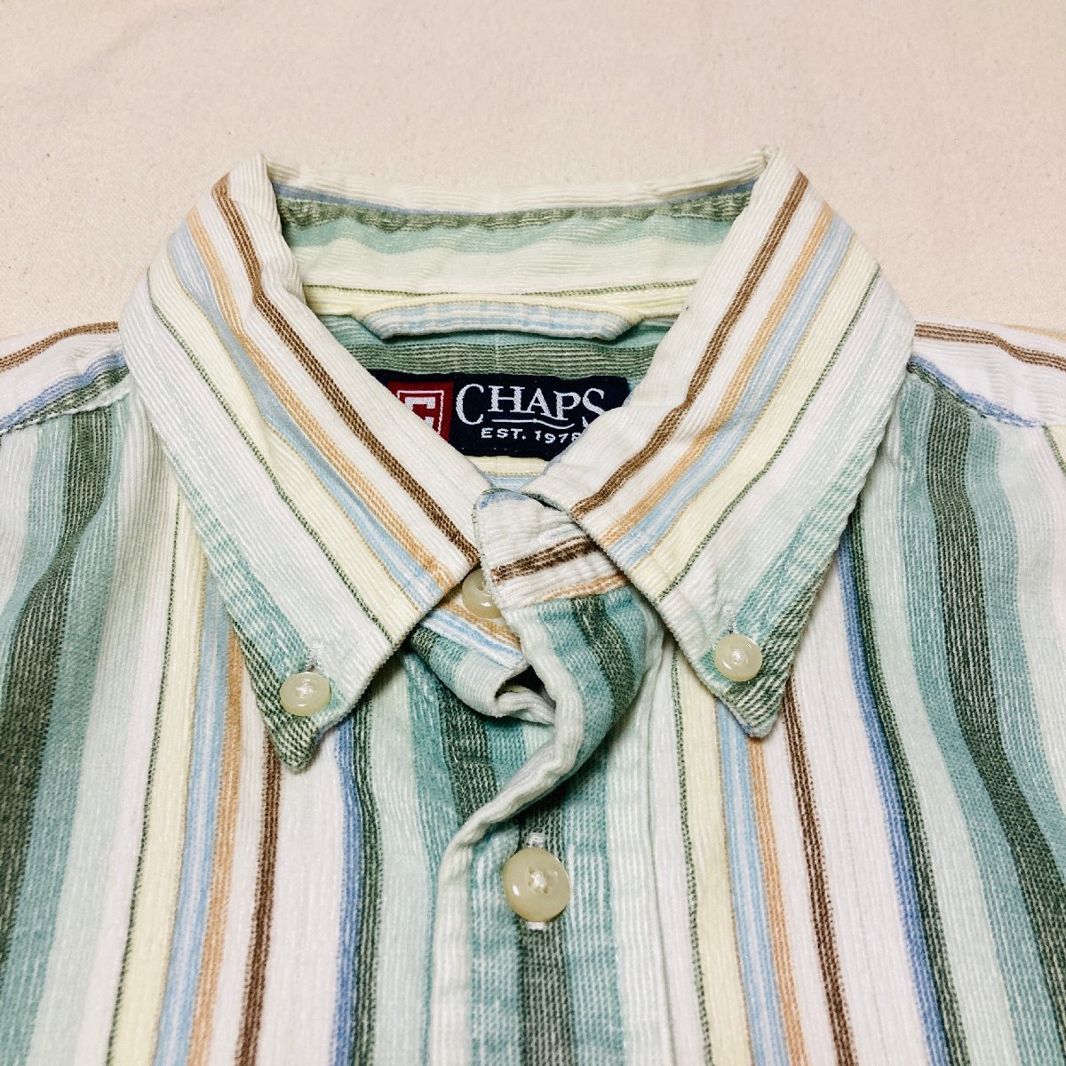 CHAPS　ロゴ刺繍　ポケット付き　ストライプ　ボタンダウン　ロングスリーブ　シャツ　グリーン系　L_画像2