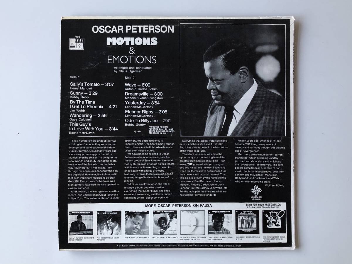 米 OSCAR PETERSON / MOTIONS & EMOTIONS LP USED US 盤 CAFE APRES-MIDI JOBIM THE BEATLES BURT BACHARACH BOBBY GENTRY_画像2