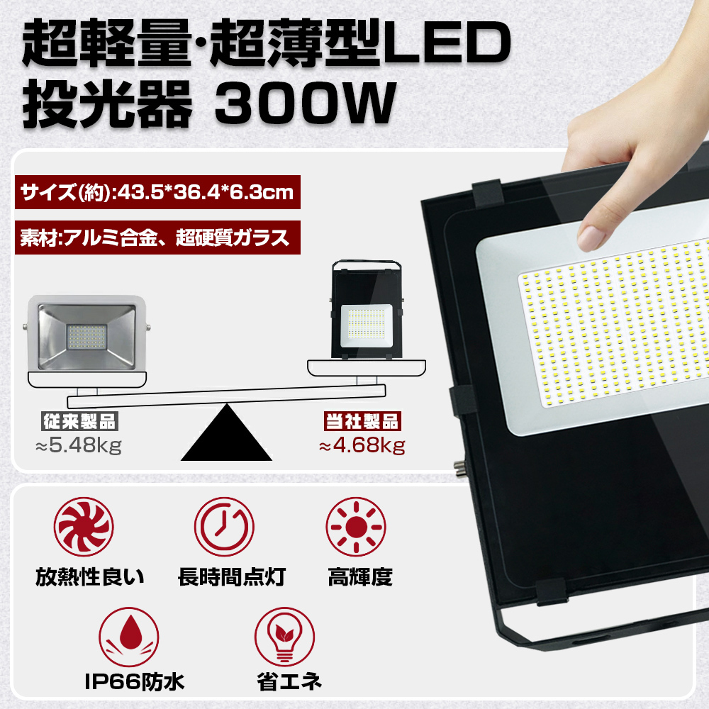 新品 LED 投光器 300w高輝度 36000LM 6500K 昼光色 照明 屋外 防水 IP66 看板灯 防災グッズ ワークライト アウトドア キャンプ Yinleaderの画像2