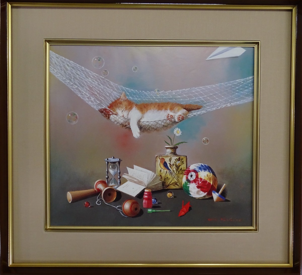 ・作者名：　・八代　亜紀・　　・画題：　・ハンモックと猫　・技法：　・油彩画（複製）_画像1