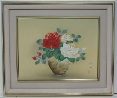 ・作者：　・菊地径葉　作・画題：「花瓶に薔薇」・技法：　日本画（原画）　（B1-HIO-R4-6-6-28.5）