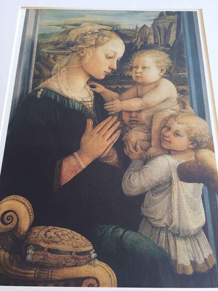 【イタリア製】フィリッポ・リッピ「聖母子と二天使」印刷物 額装サイズ44.1×33.8cm 絵画 絵柄違い有り 白額に変更可能 ルネサンス_画像5