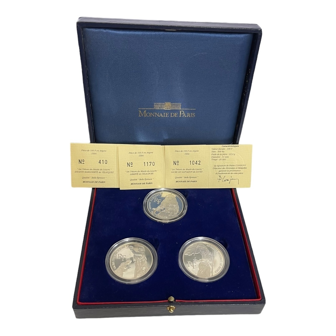 【中古品】1993年 ルーブル美術館200周年記念 100フラン銀貨 3種セット ケース付 MONNAIE DE PARIS L58506RK_画像1