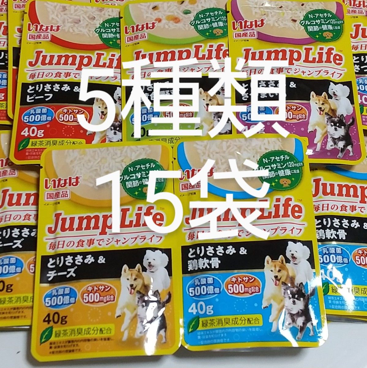 いなば JumpLifeパウチ40g 5種類15袋セット 毎日の食事にジャンプライフ 犬 グルコサミン ちゅーる  乳酸菌キトサン