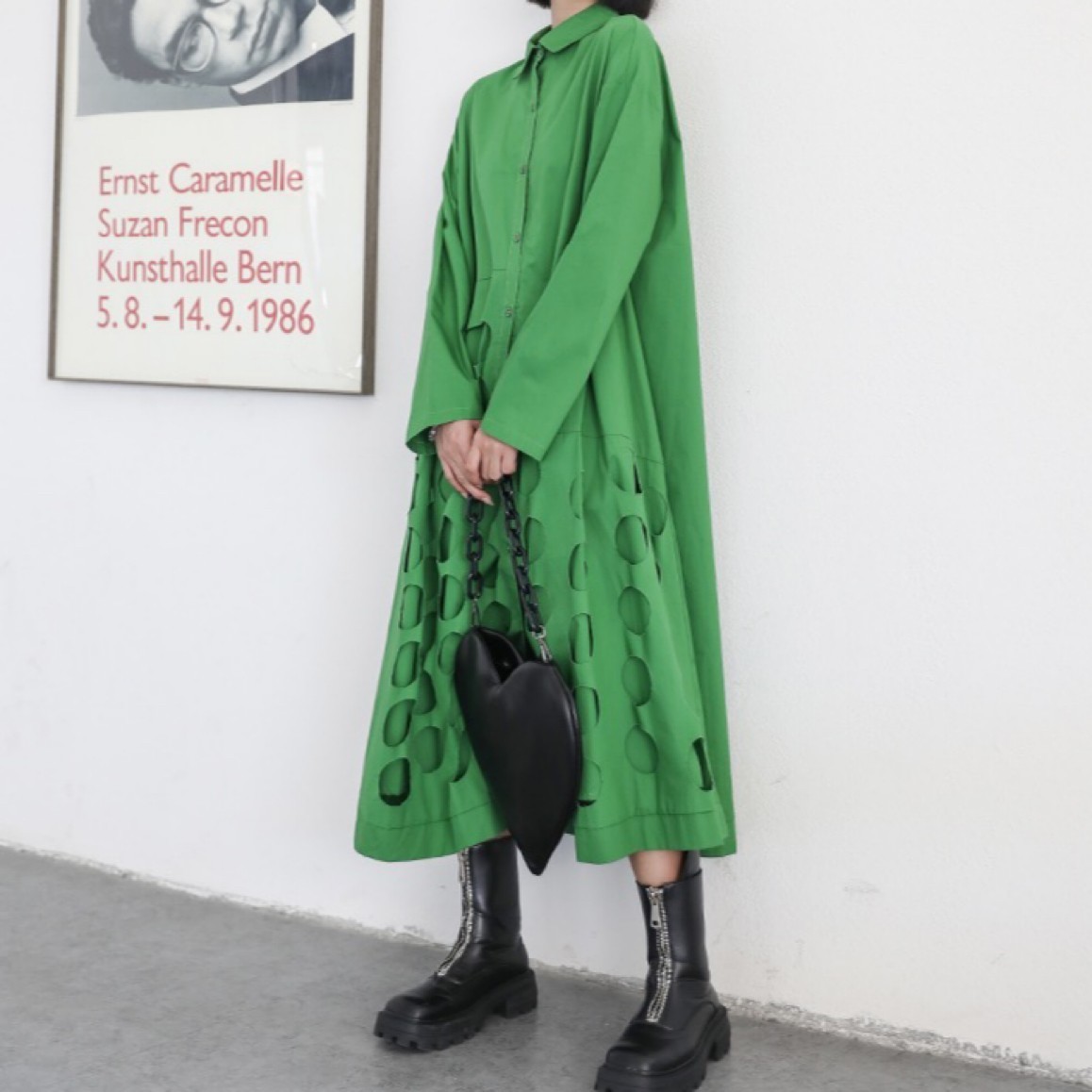 ★人気 ワンピース ロング マキシ丈 ドレス シャツ モード 個性派 緑 XL