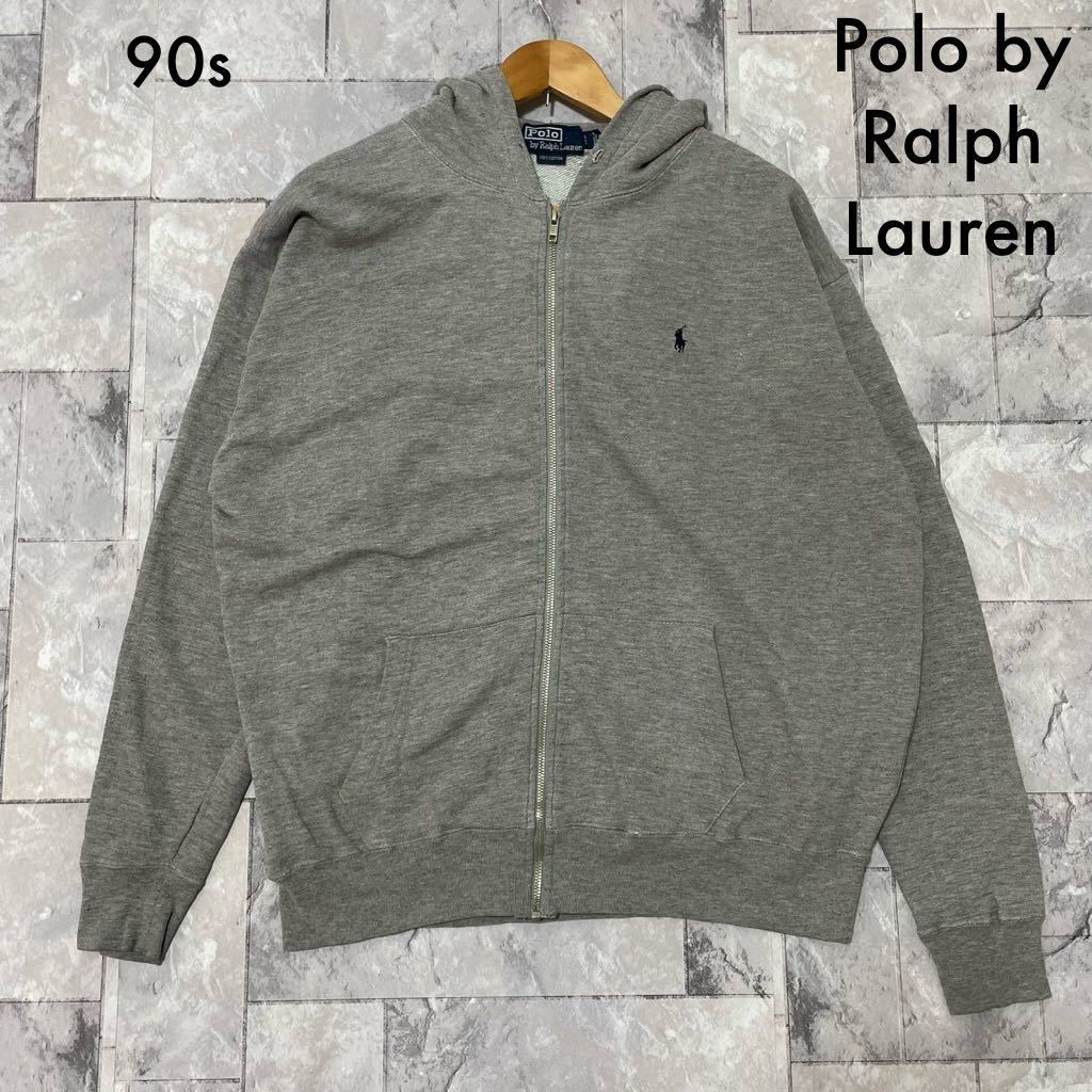 90s Polo by Ralph Lauren ポロ ラルフローレン ジップアップフーディ sweat hoodie スウェットパーカー ヴィンテージ グレー 玉FL3409_画像1