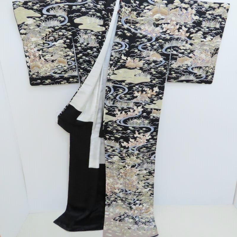 Club藤☆訪問着 茶屋辻模様 トール寸 黒縮緬地 訪問着・御仕立上 Club藤☆訪問着 茶屋辻模様 トール寸 黒縮緬地 訪問着・御仕立上