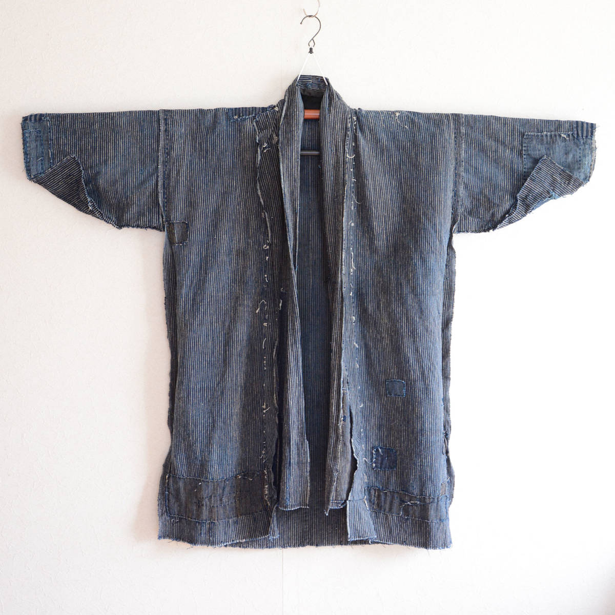 襤褸野良着綿入れ半纏藍染着物ジャケット木綿縞模様ジャパンヴィンテージリメイク素材明治大正昭和 boro noragi jacket hanten kimono