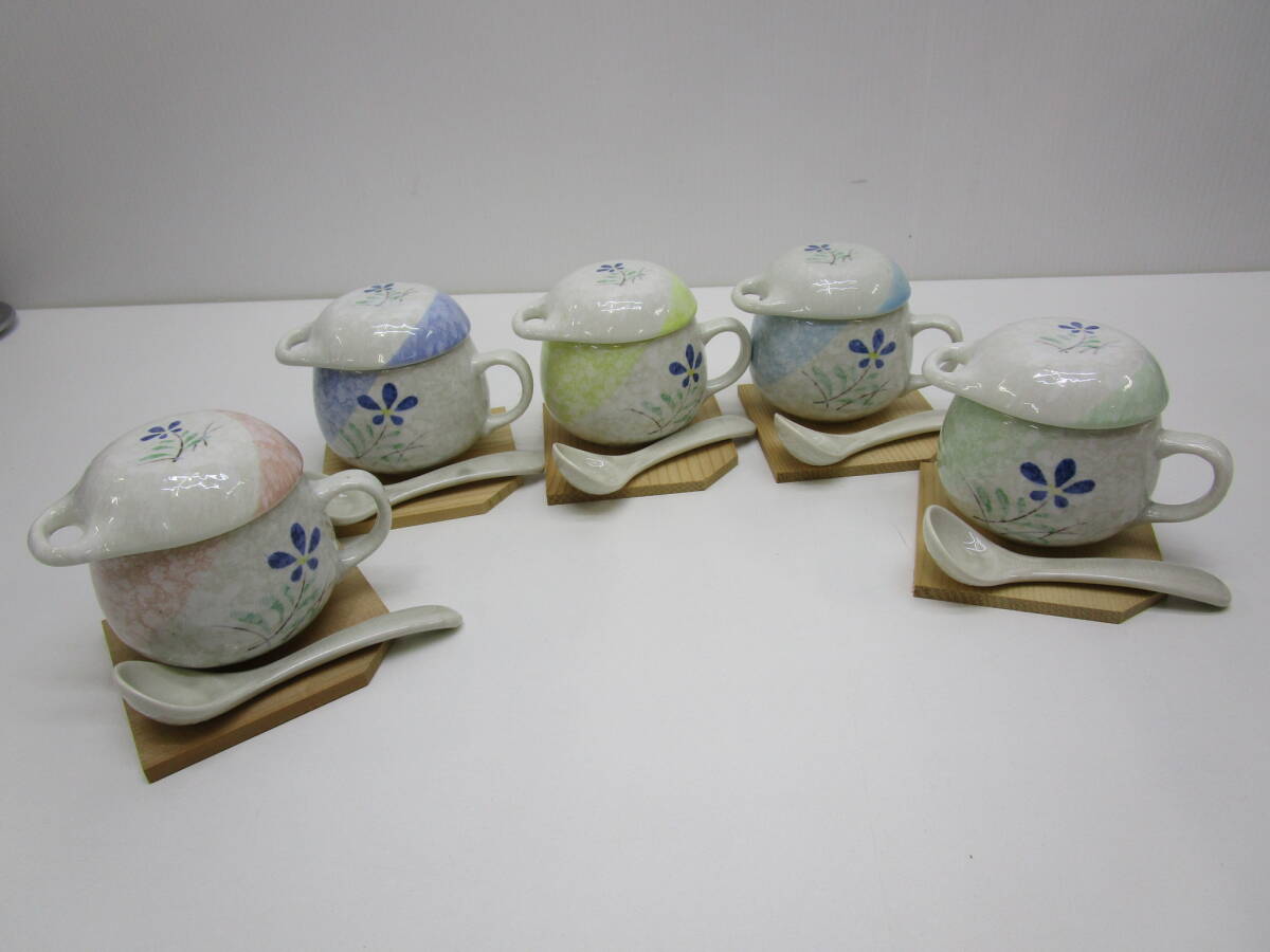 け326★茶碗蒸しセット 五色小花 アラカルトカップセット 日本製★未使用の画像2