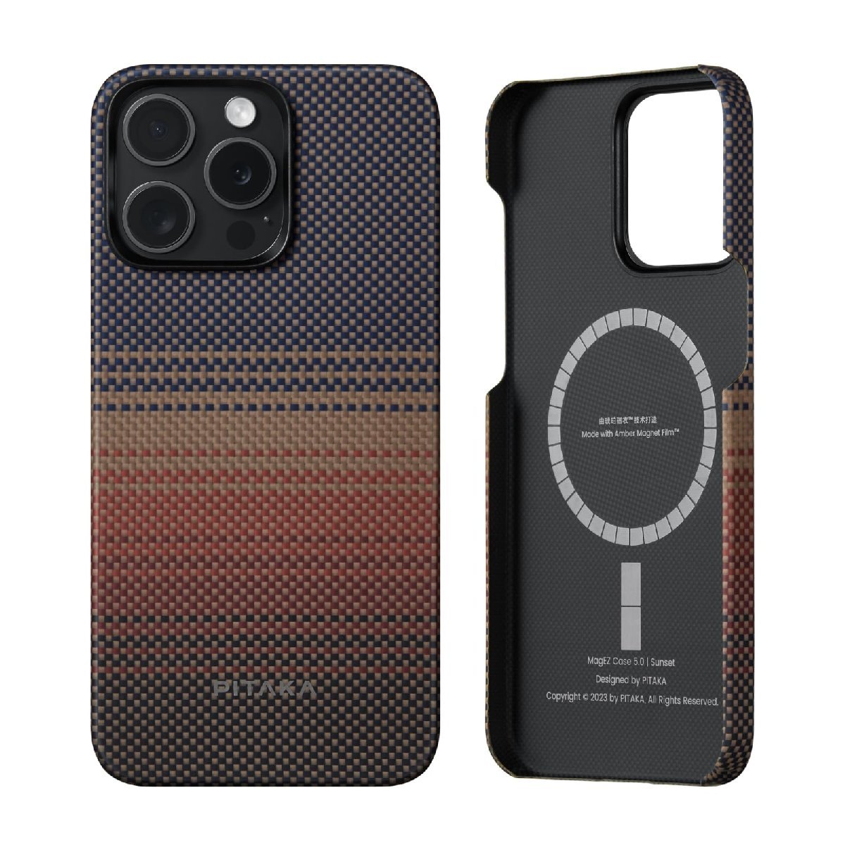 PITAKA iPhone15ProMax ケース 浮織1500Dアラミド繊維製 MagSafe対応 超極薄 超軽量 ワイヤレス充電対応 Sunset_画像1