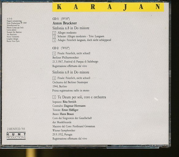 JA807●【送料無料】(2HUNTCD705)カラヤン「ブルックナー:交響曲 第8番 /テ・デウム」2枚組CD(2CD) 輸入盤_画像2
