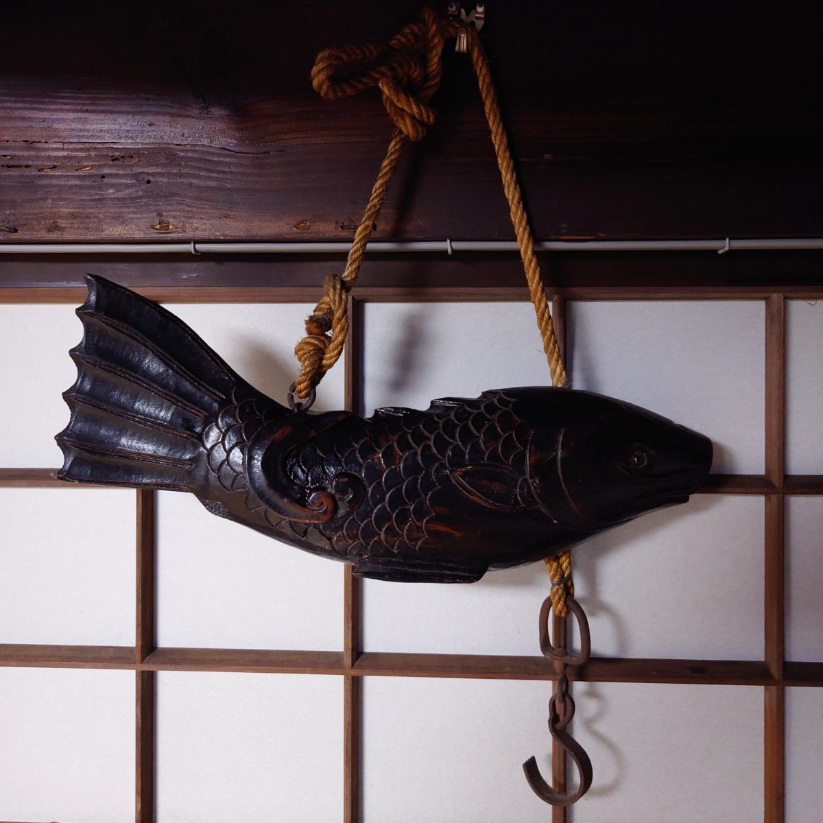 木彫り　自在鉤　鮭飾り_画像4