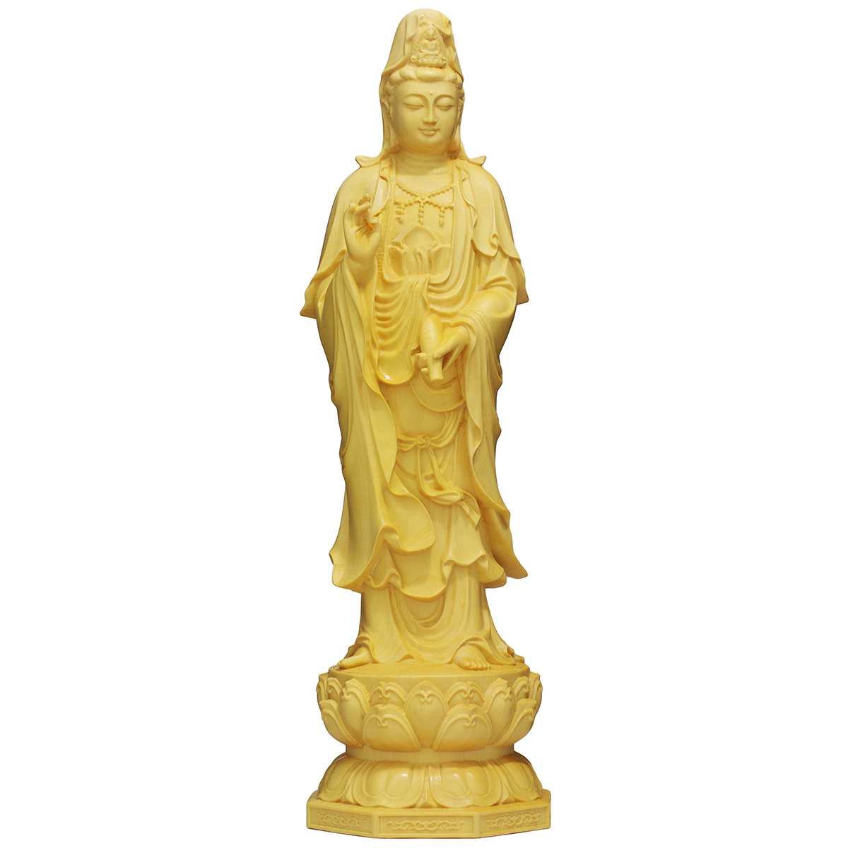 【新品】観音菩薩立像 20cm 天然木製(柘植ツゲ) 観音像 木彫仏像