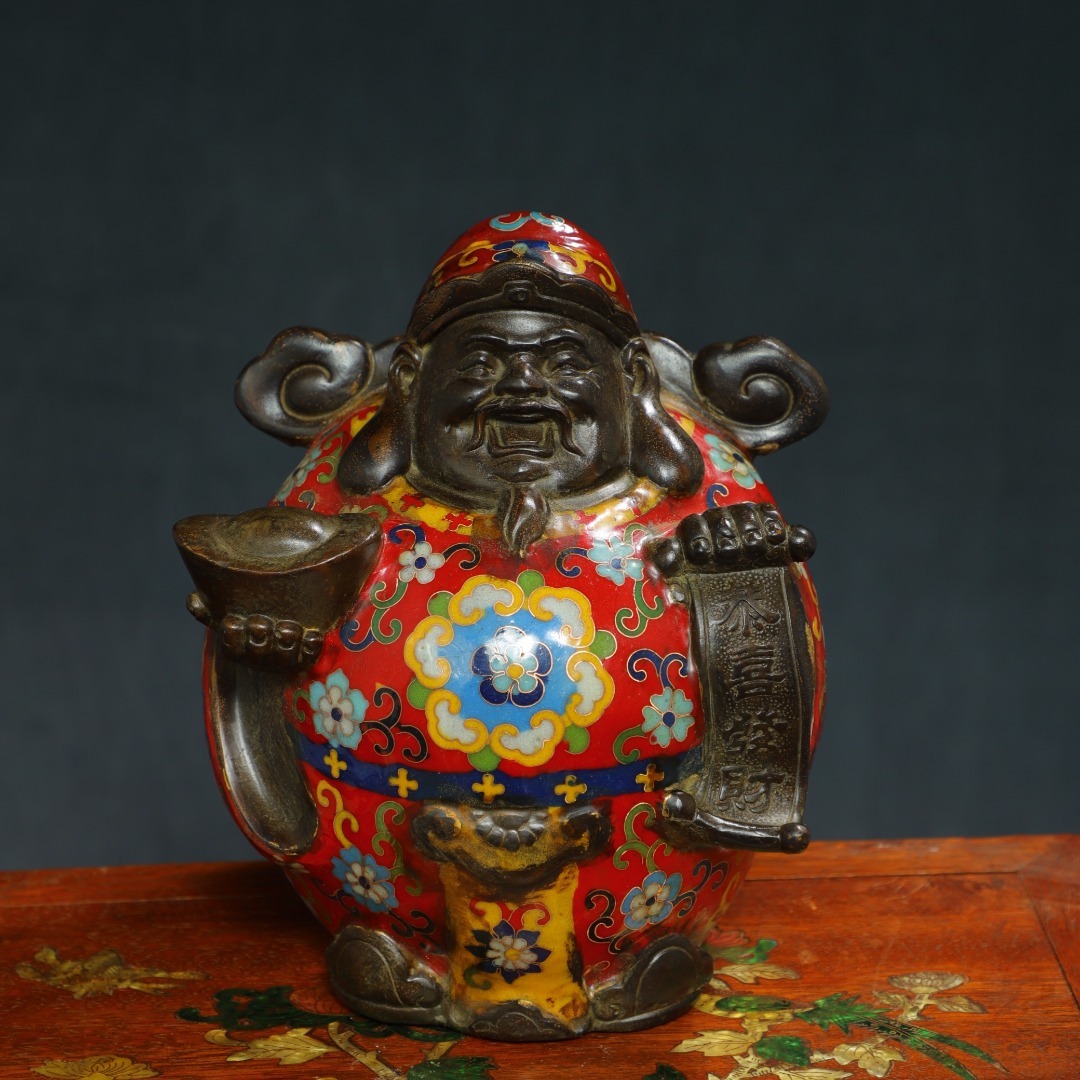 中國 清代 乾隆年制 銅製 景泰藍琺琅彩 財神像 時代物 中國古美術 極細工 置物 唐物 YF37