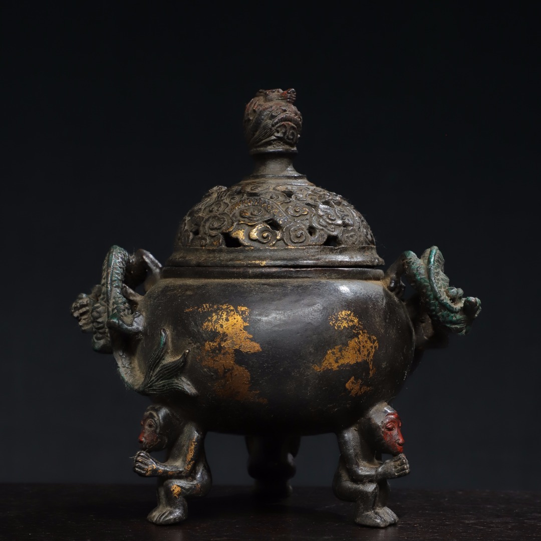 旧藏 中国 清代 銅製拓金 雙龍耳燻香炉 時代物 中國古美術 旧藏 中国 清代 銅製拓金 雙龍耳燻香炉 時代物 中國古美術