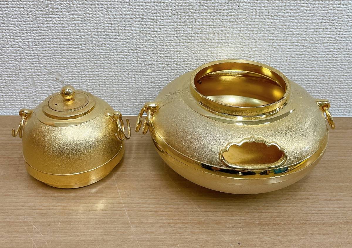 ☆【24KGP 金箔 茶の湯釜 総重量 1.2㎏】インテリア /コレクション /金属工芸品 /金メッキ /★ガラスケース付き /A62-129の画像5