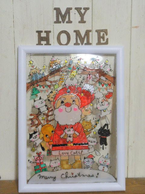 *NO.A73* stained glass manner *A4 size * sun ta* cat * reindeer * present * snow ...* hand made * interior * decoration * illustration * miscellaneous goods 