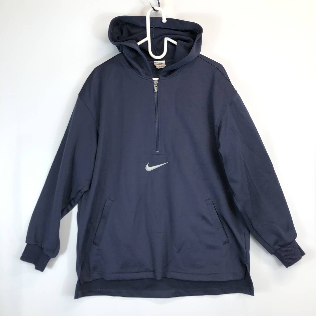 90s 銀タグ NIKE ナイキ ハーフジップ プルオーバーパーカー ネイビー メンズLサイズ センタースウォッシュ