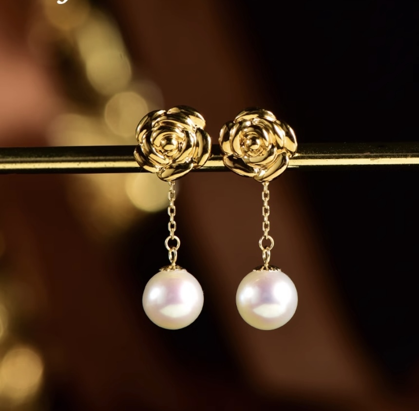 K18YG yellow gold earrings rose rose rose flower stud earrings 18 gold simple 18K akoya pearl one Point middle empty one Point 